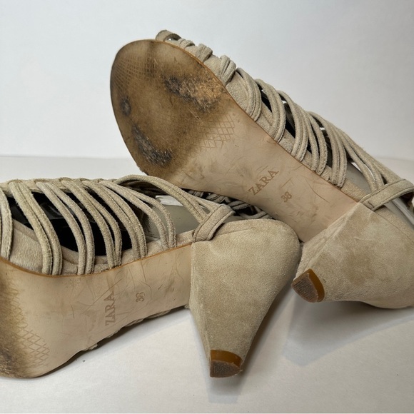 ZARA STRAPPY SANDALS NUDE BEIGE CAGE HEELS - Picture 10 of 11